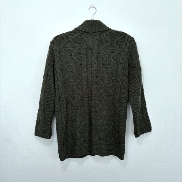 Inis Crafts Womens Merino Wool Cardigan Size L Chunky Cable Knit Sweater Ireland - Picture 2 of 7